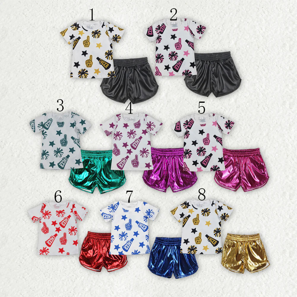 Baby Girl Short Sleeves Cheer Shirt Leather Shorts Set Sibling Summer Team Clothes RTS