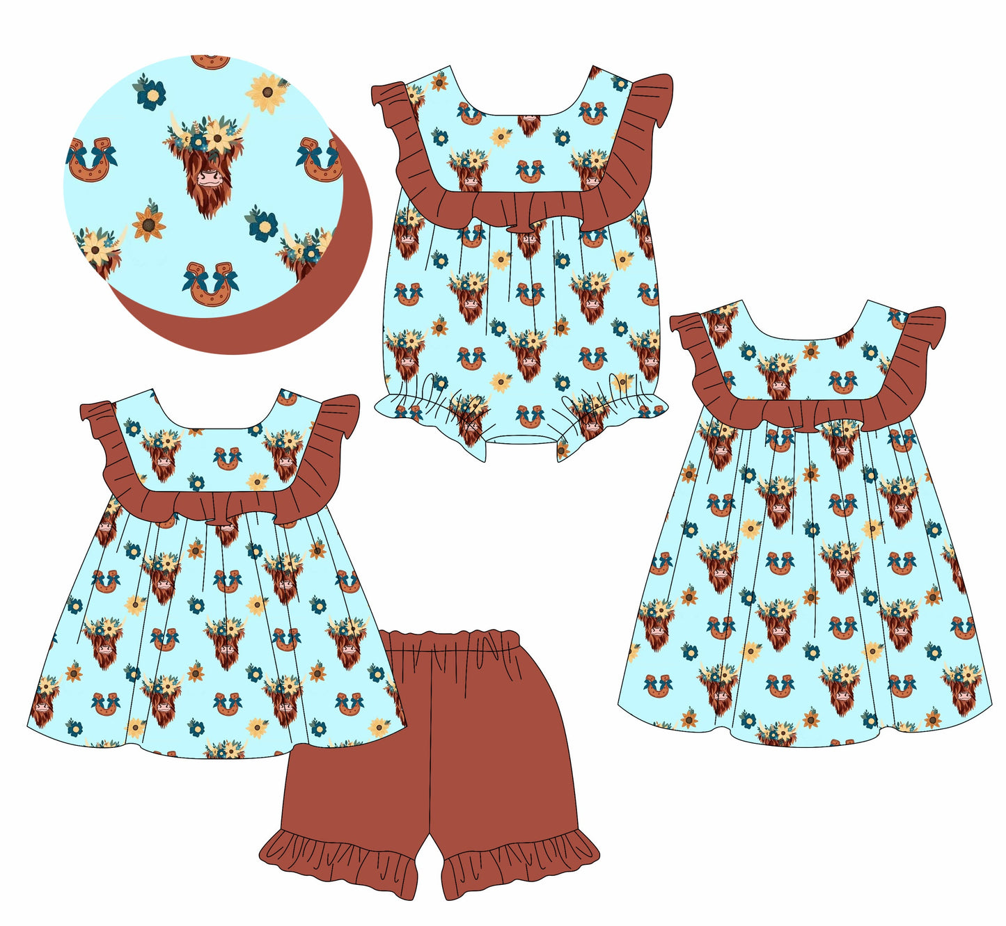 Baby Girl Ruffle Western Cow Flower Sibling Romper Dress Set ( Moq 5 Each Style ) 2.7