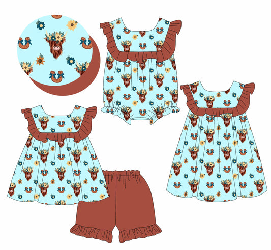 Baby Girl Ruffle Western Cow Flower Sibling Romper Dress Set ( Moq 5 Each Style ) 2.7