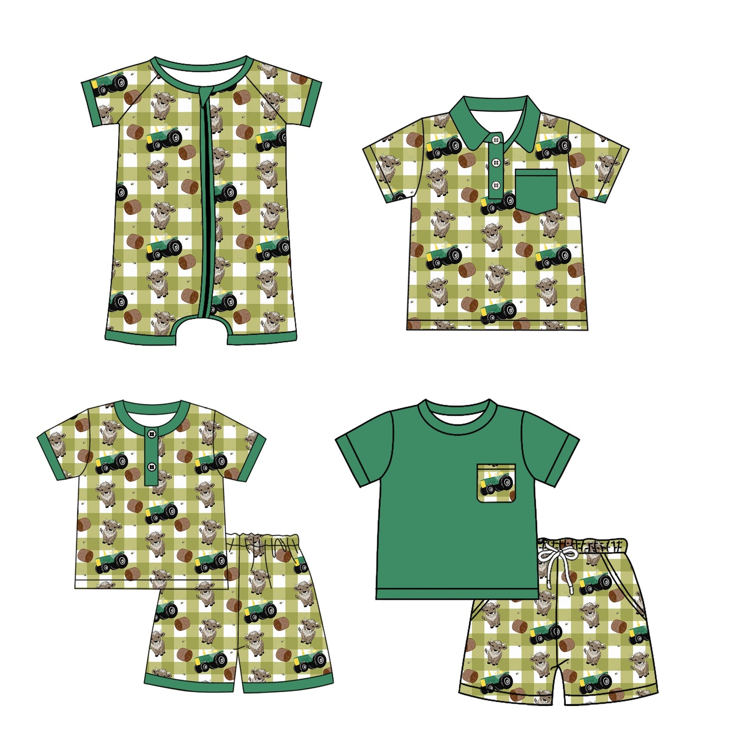 ( Moq 5 Each Style ) Baby Boy Short Sleeves Farm Animals Plaid Sibling Romper Set 3.26