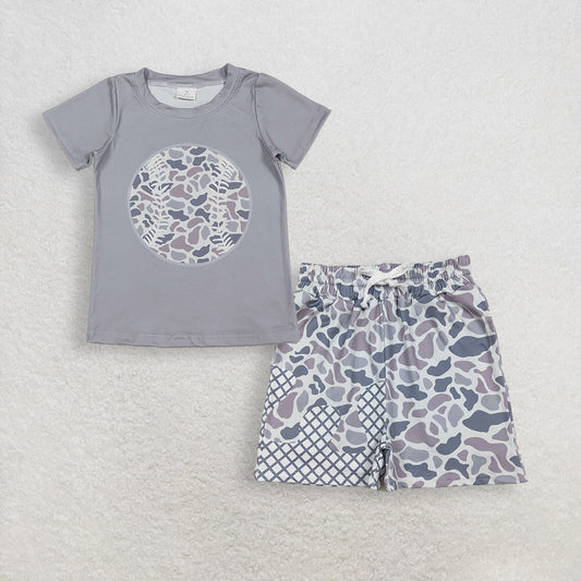 Baby Boys Kids Short Sleeves Baseball Shirt Grey Camo Plaid Pockets Shorts Summer Clothes Set RTS