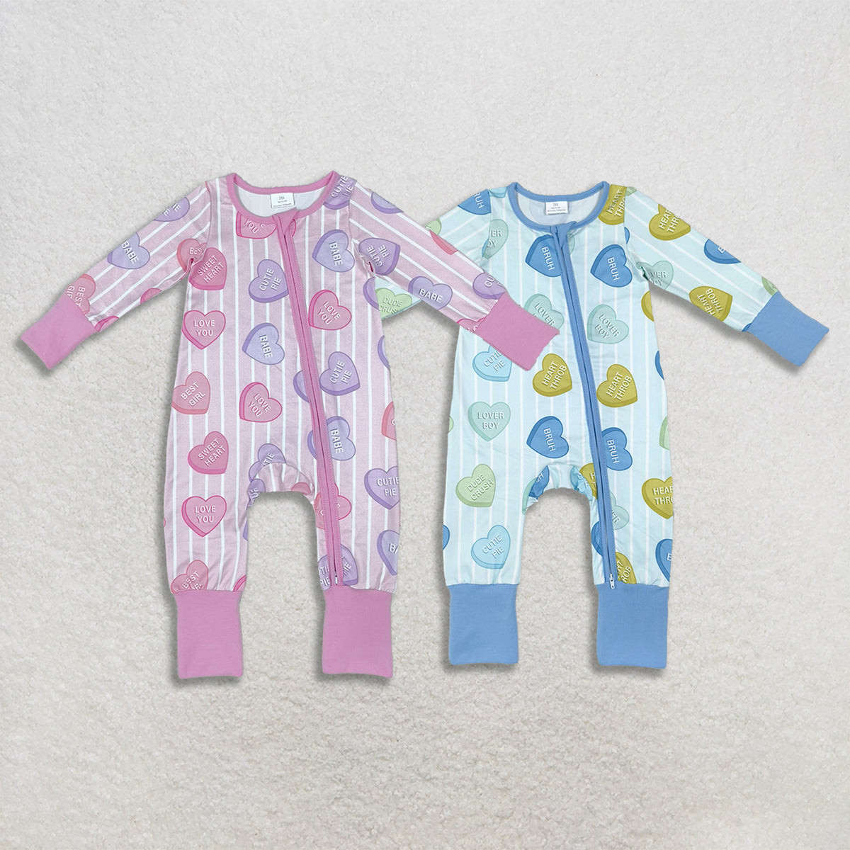 Sibling Baby Boys Girls Kids Long Sleeves Valentine Hearts Stripes Zipper Rompers Set Clothes RTS