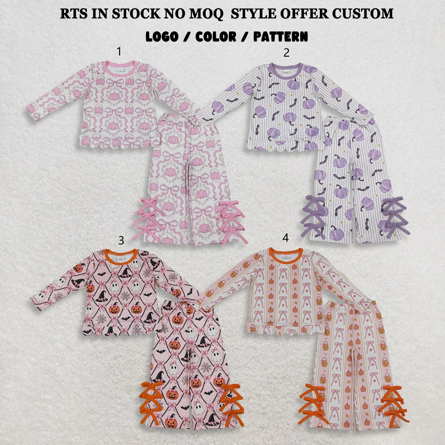 Sibling Baby Girls Kids Long Sleeves Pumpkins Scallop Shirts Bows Pants Sets Fall Clothes RTS
