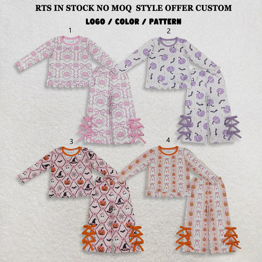 Sibling Baby Girls Kids Long Sleeves Pumpkins Scallop Shirts Bows Pants Sets Fall Clothes RTS