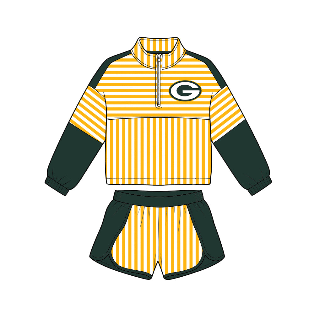 ( Moq 5 ) Baby Girls Kids Long Sleeves Zipper Pullover Stripes Shorts Team Set Clothes