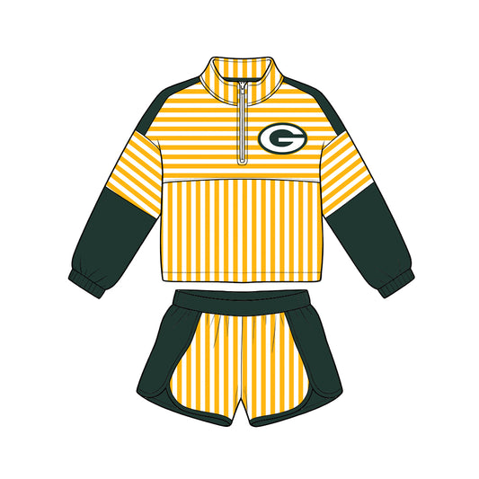 ( Moq 5 ) Baby Girls Kids Long Sleeves Zipper Pullover Stripes Shorts Team Set Clothes
