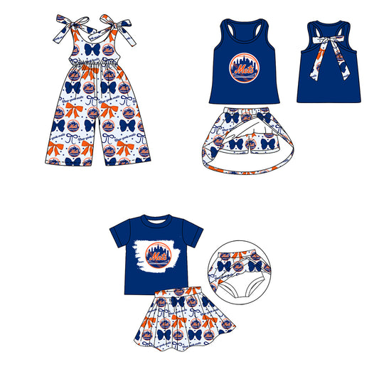( Moq 5 each style ) Baby Girl Toddler SF Team Orange Blue Bows Sibling Jumpsuit Set 6.16
