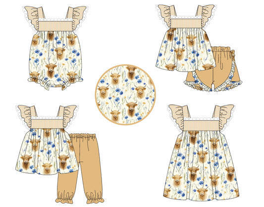 ( Moq 5 Each Style ) Baby Girl Short Sleeves Western Cow Flower Sibling Summer Romper Dress Set 4.25