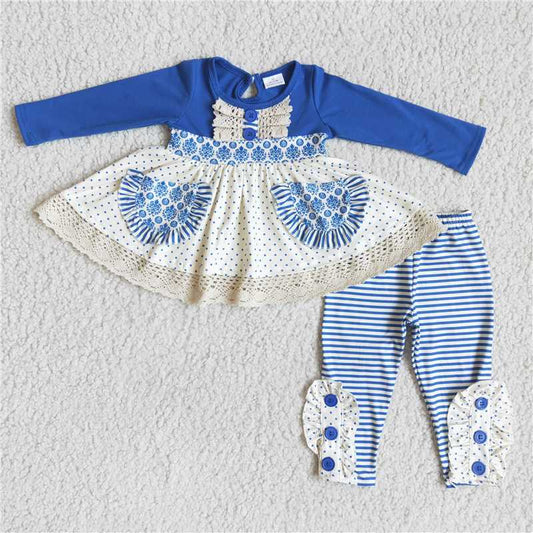 6 A3-1 Baby Girl Long Sleeves Pocket Tunic Blue Stripes Pants Outfit