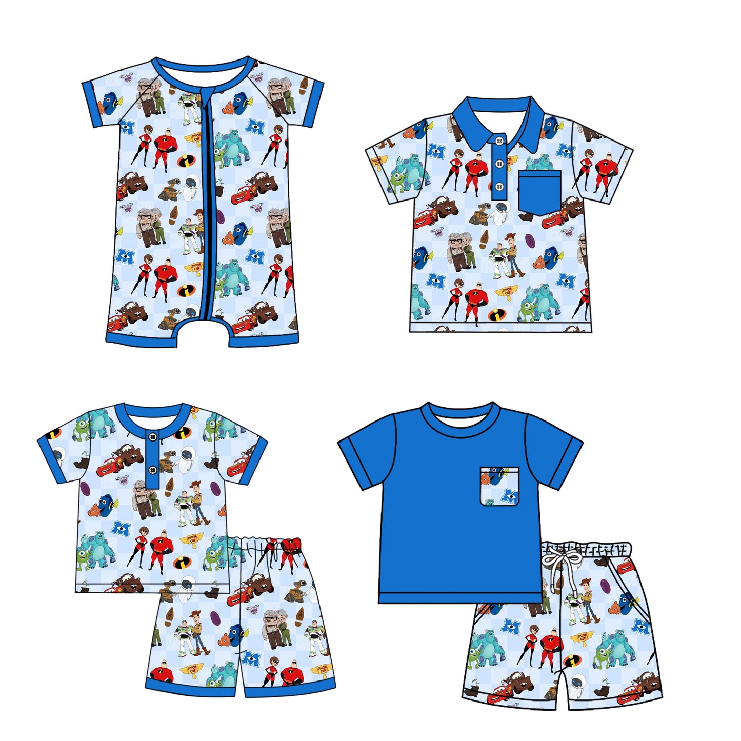 Baby Boy Short Sleeves Cartoon Blue Sibling Romper Shirt Set ( Moq 5 Each Style ) 3.4