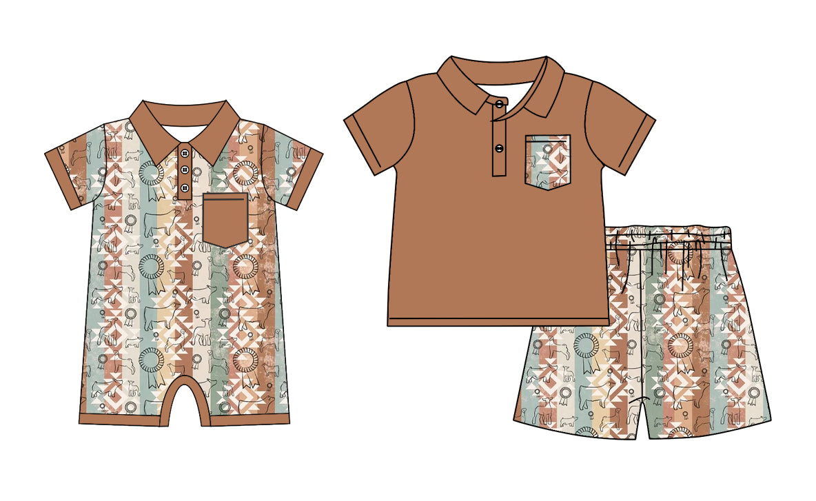 ( Moq 5 Each Style ) Sibling Baby Boys Kids Western Cow Aztec Shirt Pockets Shorts Set Romper Clothes