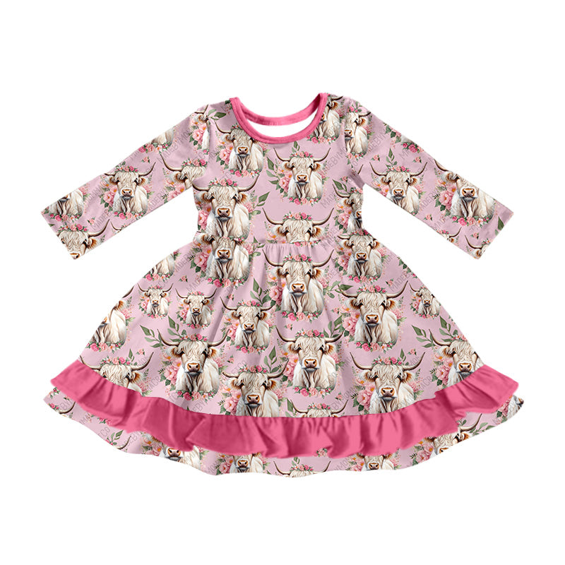 Baby Girl Long Sleeves Cow Flower Pink Ruffle Dress