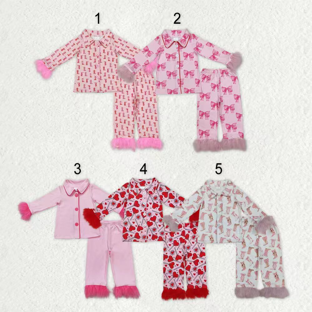 Girls Kids Fur Long Sleeves Buttons Shirt Pants Sibling Sister Pajamas Clothes Set RTS