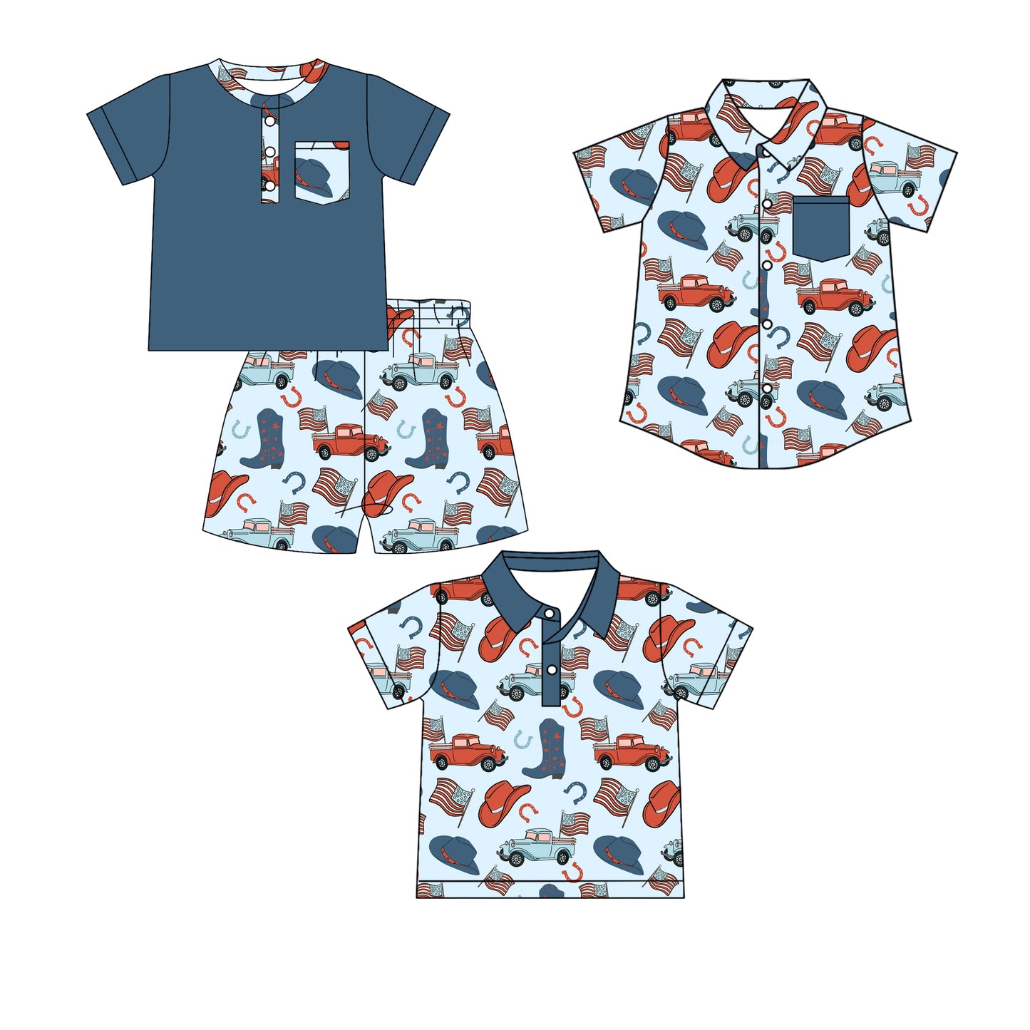 ( Moq 5 Each Style ) Baby Boys Kids Short Sleeves Flags Boots Sibling 4th of July Shirts Set