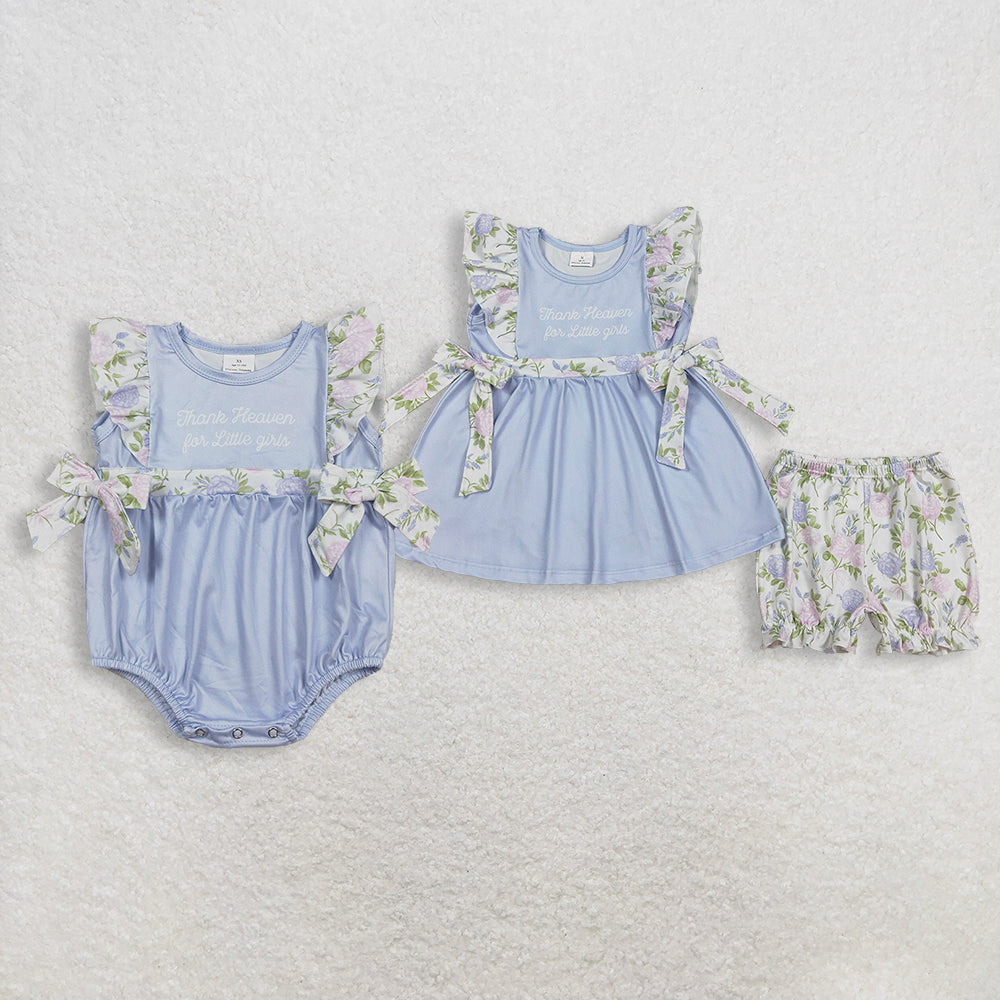 Sibling Baby Girls Kids Thank Heaven Bows Blue Tunic Floral Shorts Set Romper Clothes RTS