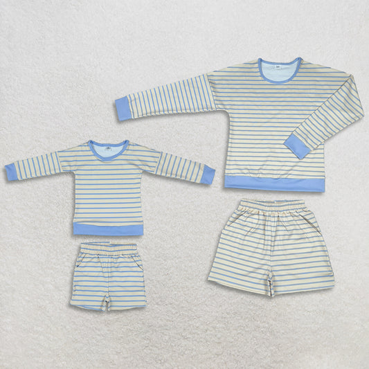Sibling Baby Girls Adult Women Long Sleeves Stripes Shirts Pockets Shorts Sets Yoga Active Clothes RTS