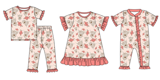 Baby Girl Cow Flower Sibling Romper Dress Clothes Set ( Moq 5 Each Design )