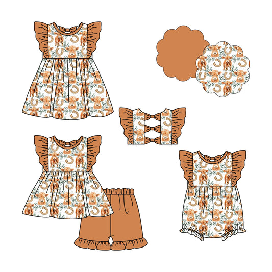 ( Moq 5 Each Style ) Baby Girl Short Sleeves Western Cow Flower Sibling Summer Romper Dress Set 4.24