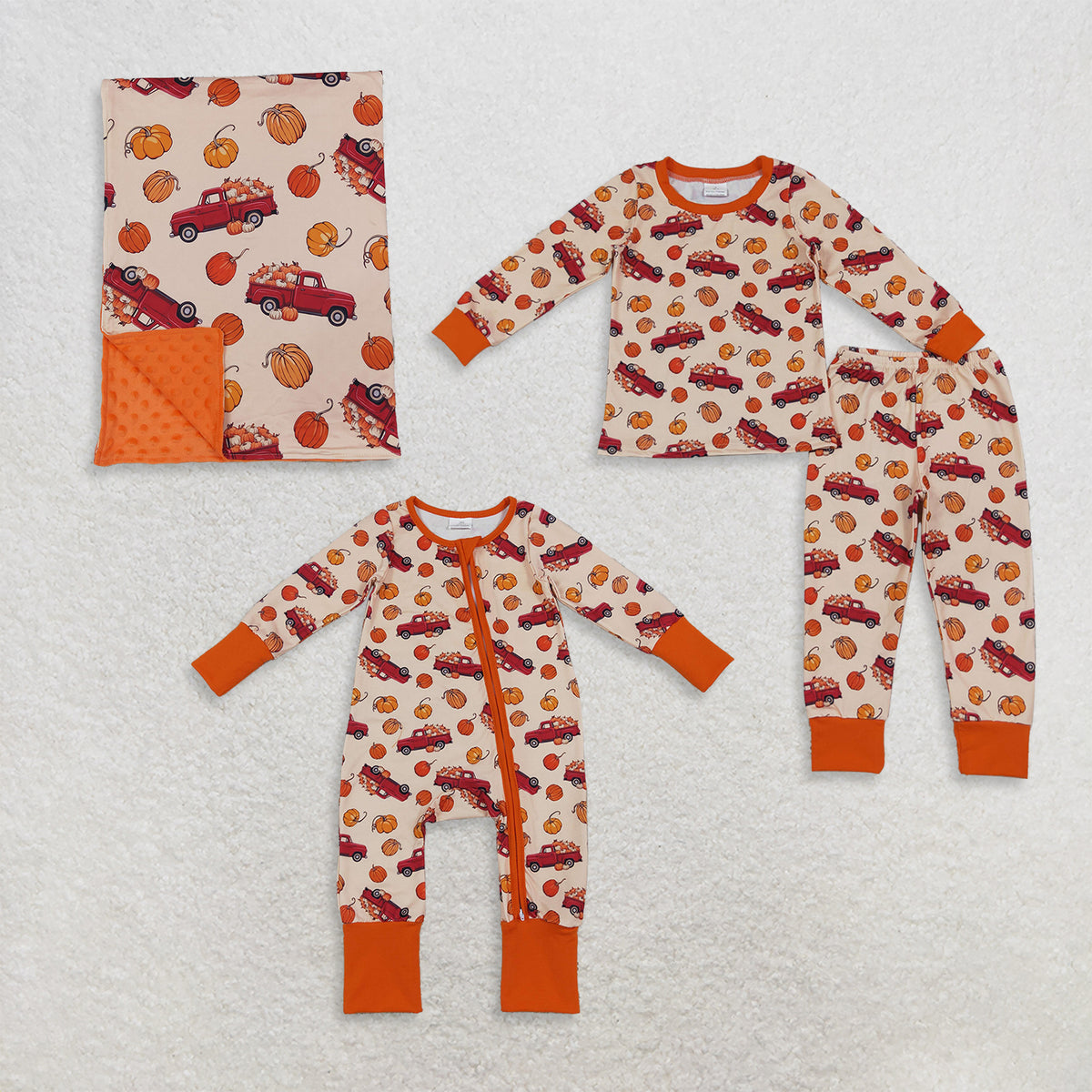 Sibling Baby Boys Boys Kids Long Sleeves Pumpkins Trucks Romper Sets Pajamas Blankets Thanksgiving Clothes RTS