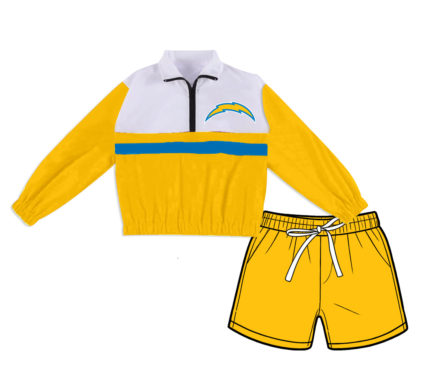 ( Moq 5 ) Baby Girls Kids Yellow Long Sleeves Zipper Pullover Pockets Shorts Team Set Clothes