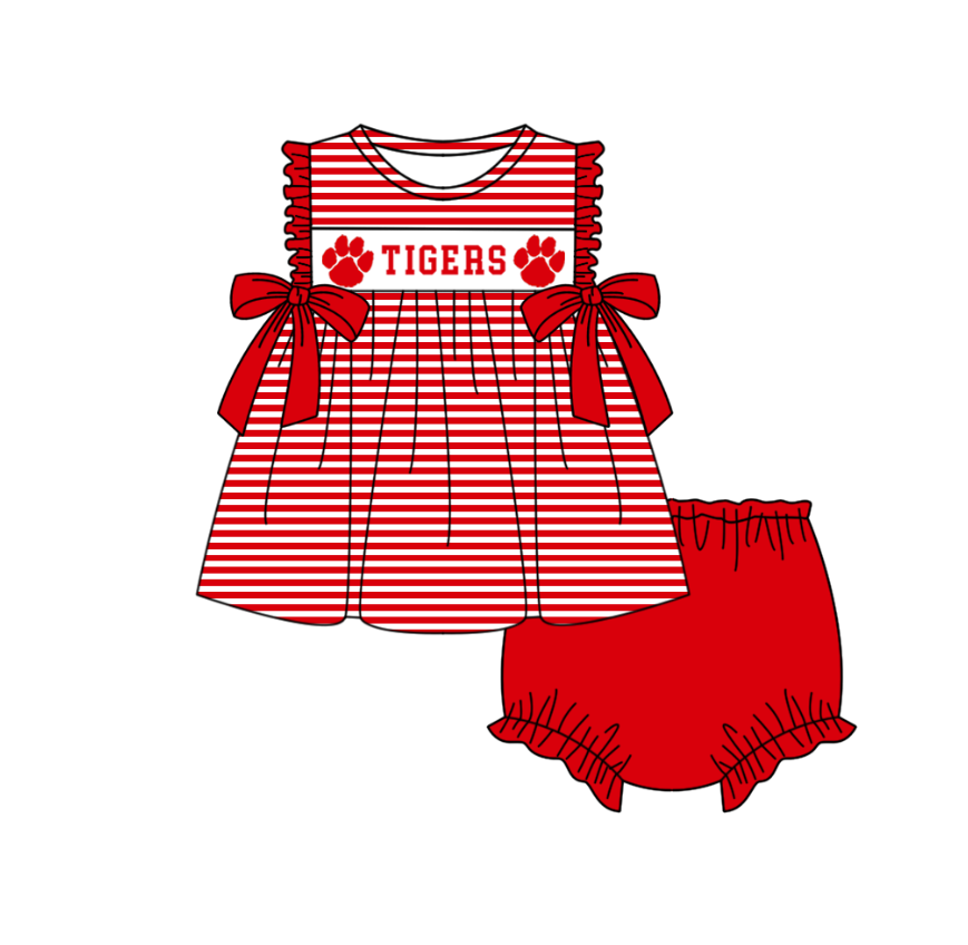 ( Moq 5 ) Baby Girls Toddler Tigers Red Bows Stripes Tops Bummie Shorts Team Set