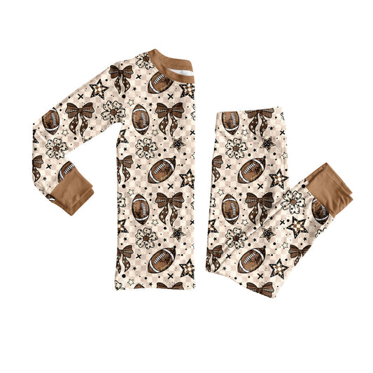( Moq 5 ) Preorder Baby Girl Long Sleeves Flower Bows Shirt Pants Football Pajamas Set