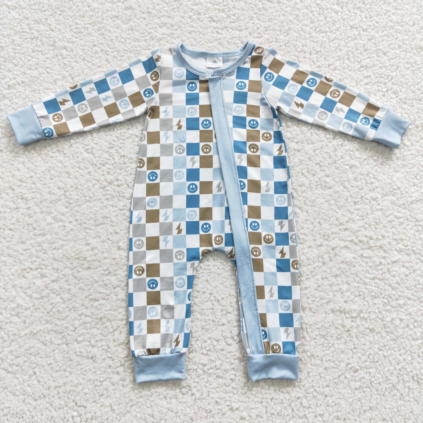 LR0313 Baby Kids Newborn Long Sleeves Zipper Smile Checkered Romper