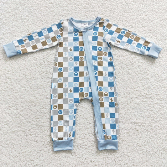 LR0313 Baby Kids Newborn Long Sleeves Zipper Smile Checkered Romper