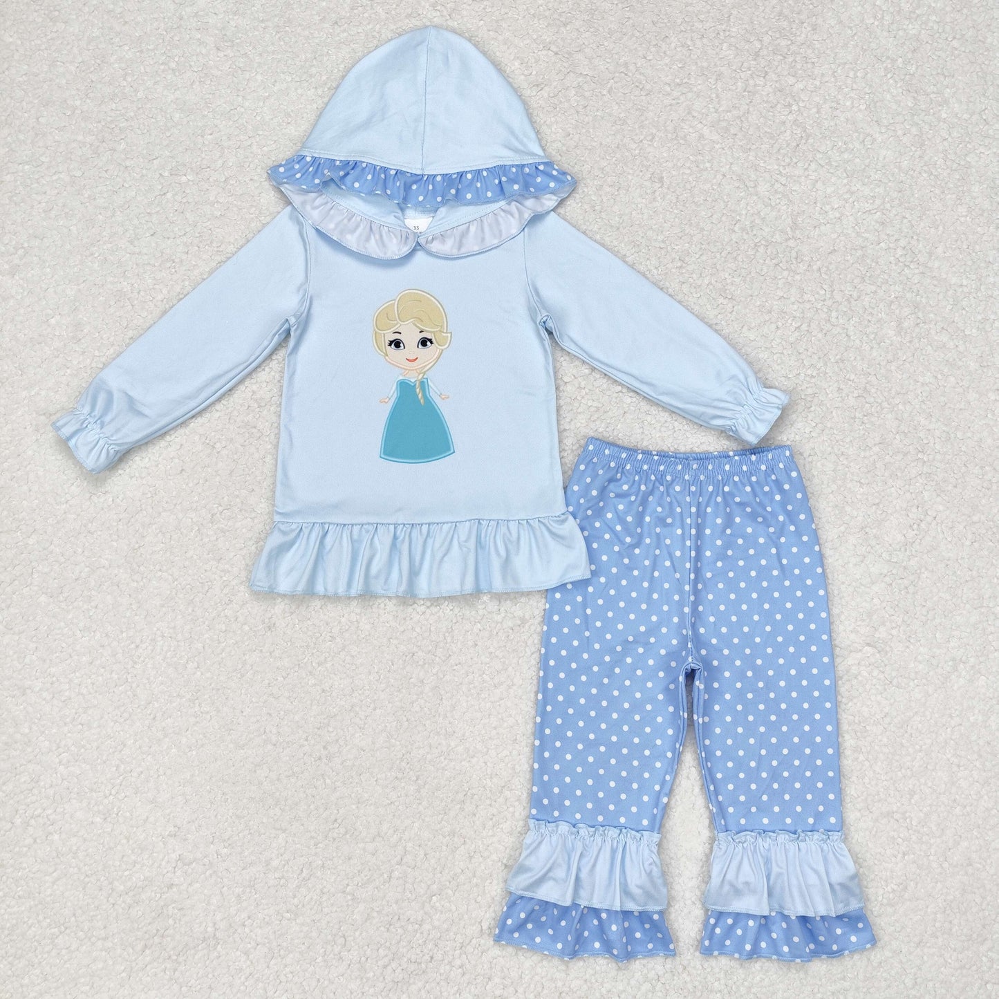 Baby Girl Long Sleeves Princess Blue Hooded Tops Ruffles Pants Set