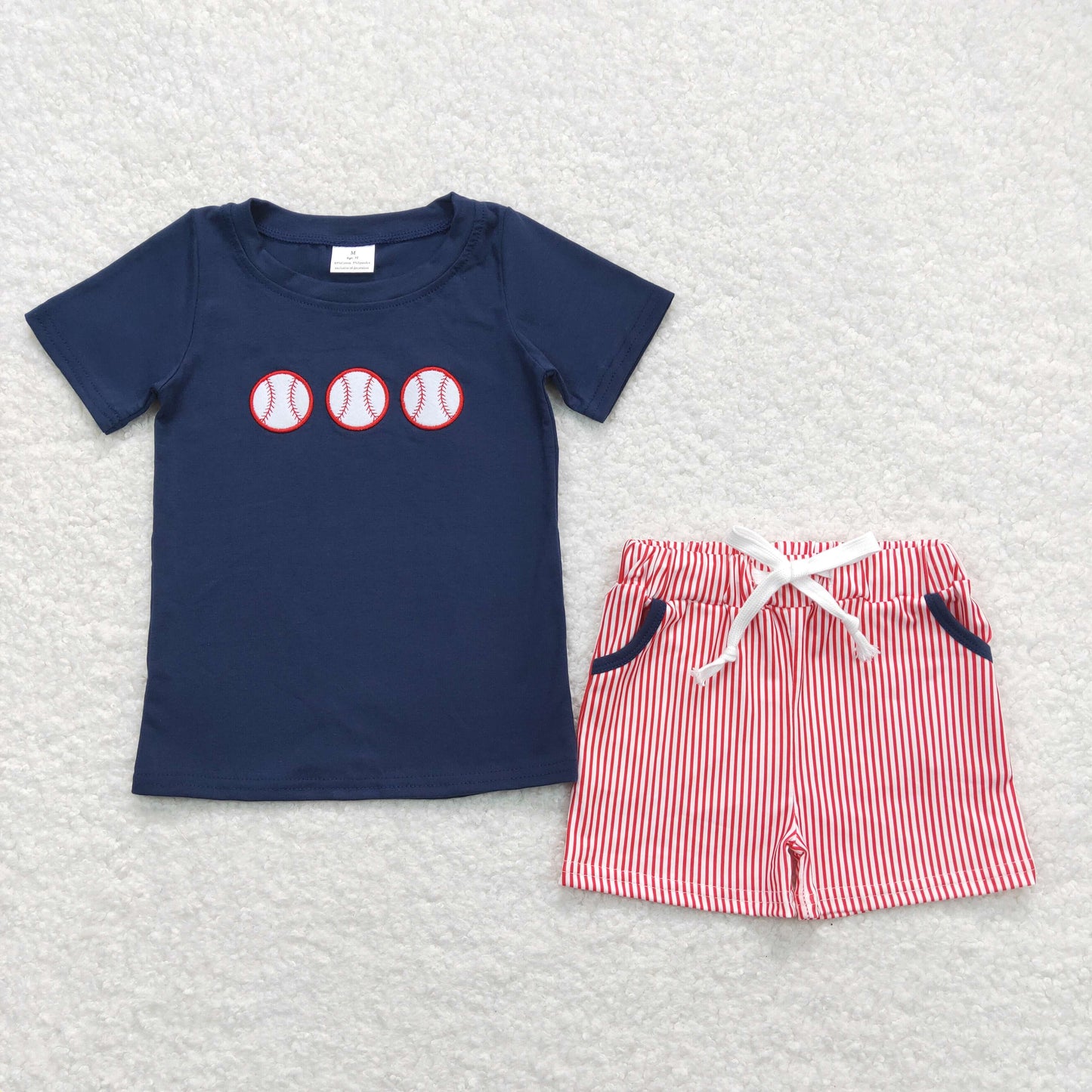 Baby Boy Short Sleeves Embroidery Baseball Shirt Red Stripes Pocket Shorts Set