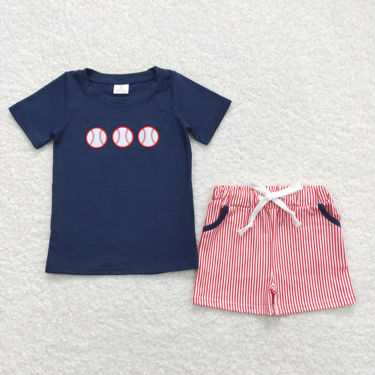 Baby Boy Short Sleeves Embroidery Baseball Shirt Red Stripes Pocket Shorts Set