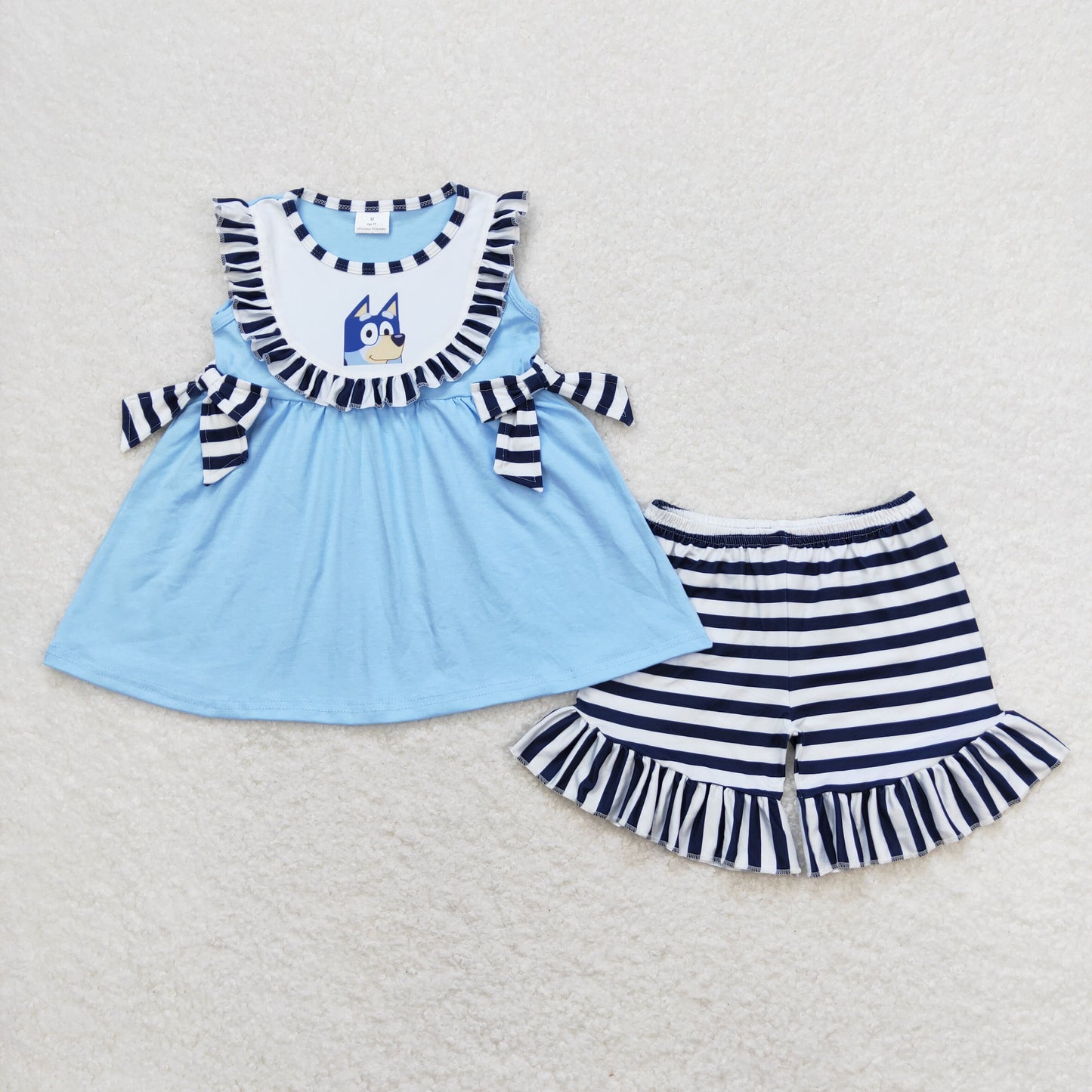 Baby Girl Sleeveless Dog Blue Tunic Stripes Shorts Set