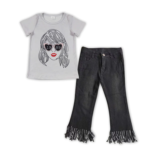 GSPO1471 Baby Girl Short Sleeves Singer Shirt Black Denim Pants Set