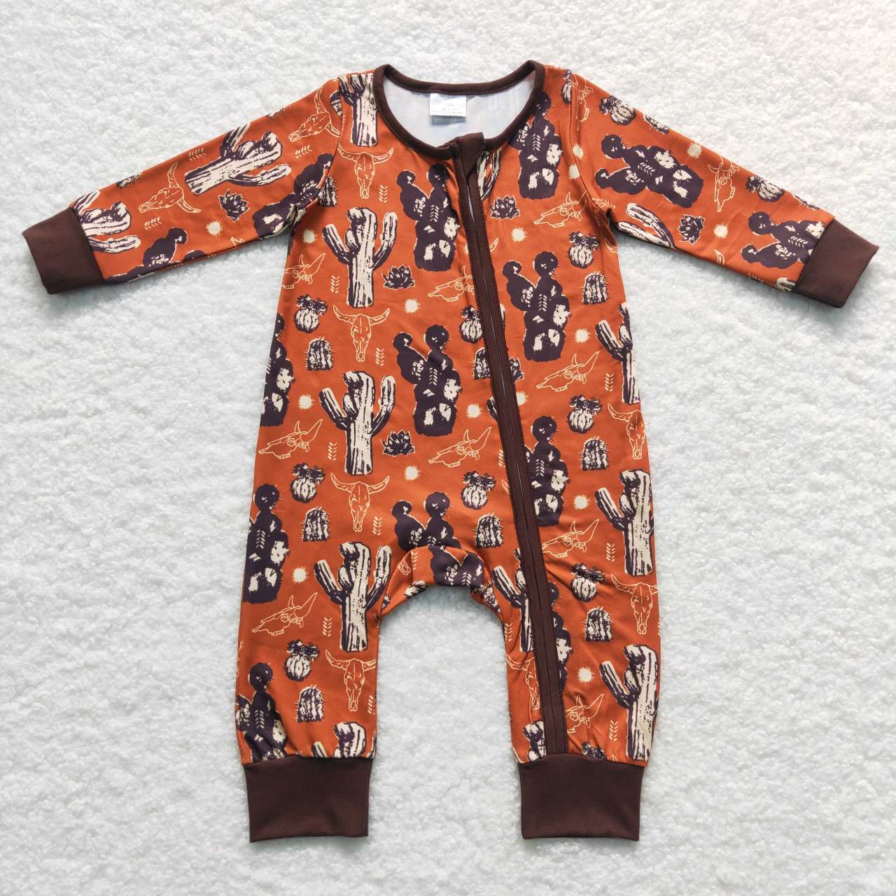 LR0726 Baby Boy Western Cow Cactus Zipper One Piece Romper