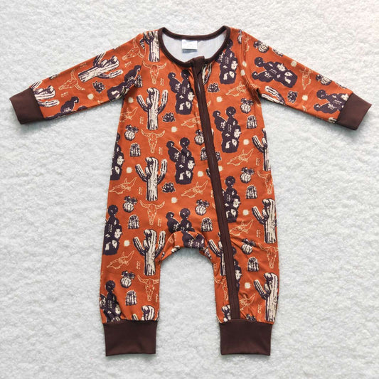 LR0726 Baby Boy Western Cow Cactus Zipper One Piece Romper