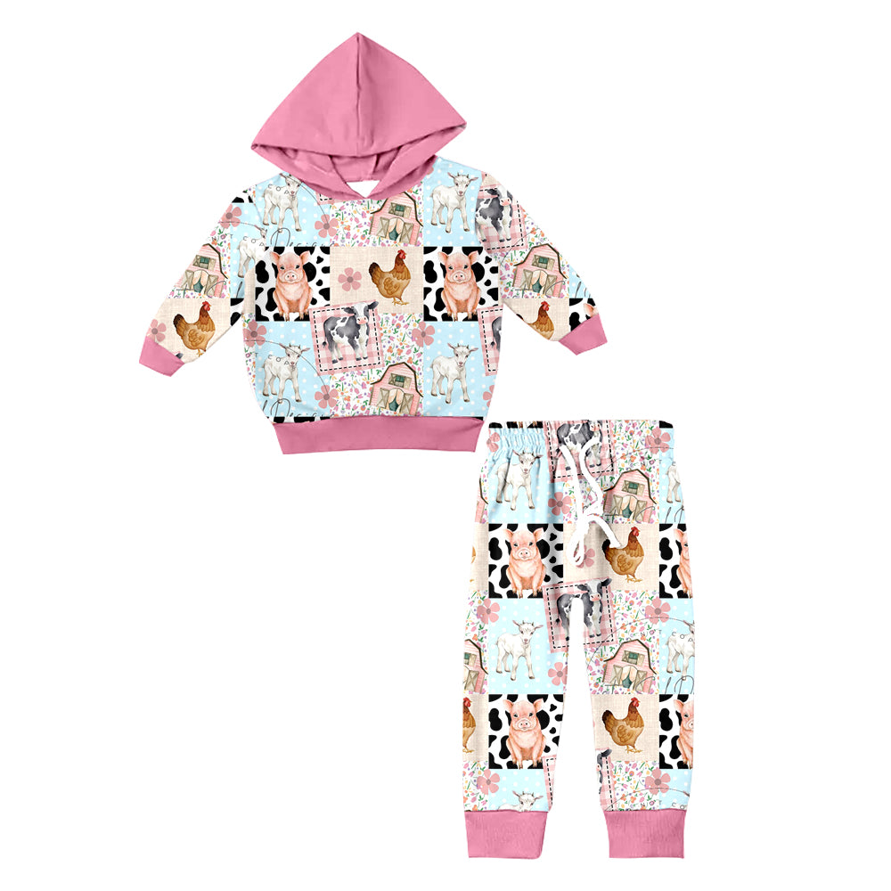 Baby Girl Long Sleeves Farm Animals Flower Hoodie Shirt Pants Set