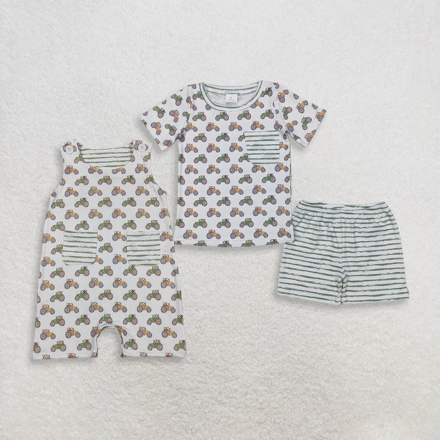 Sibling Baby Boys Kids Dogs Tractors Pockets Romper Set Summer Clothes RTS