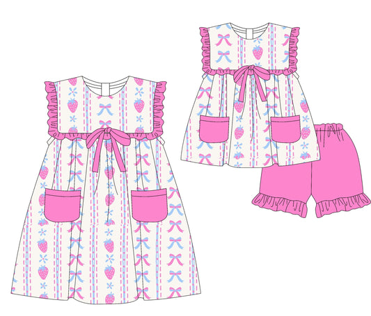 Baby Girl Strawberry Flower Bows Pockets Sibling Dress Set ( Moq 5 Each Style ) 3.8