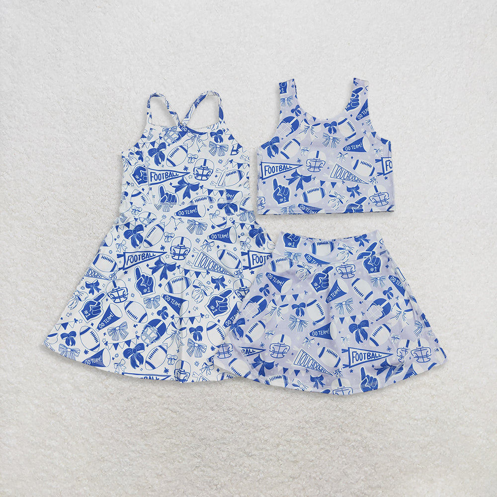 Sibling Baby Girl Blue Football Bows Cheer Summer Yoga Active Set Dress RTS