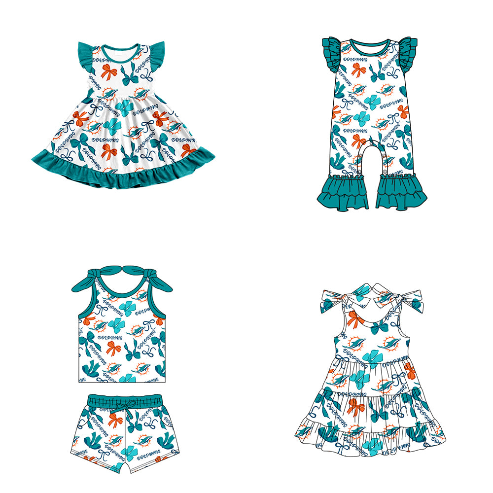 ( Moq 5 each style ) Baby Girl Toddler Team Bows Sibling Green Romper Dress Set 7.12