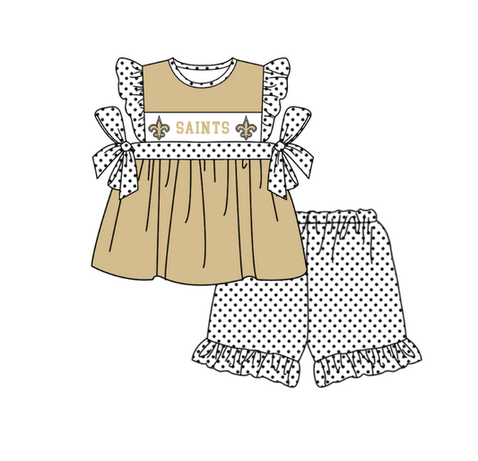 ( Moq 5 ) Baby Girls Toddler Short Sleeves Bows Tunic Dots Shorts Team Khaki Set