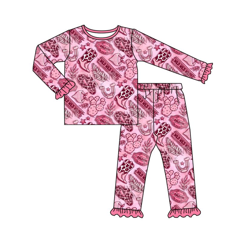 Baby Girl Long Sleeves Western Boots Cactus Pink Shirt Pants Pajamas Set