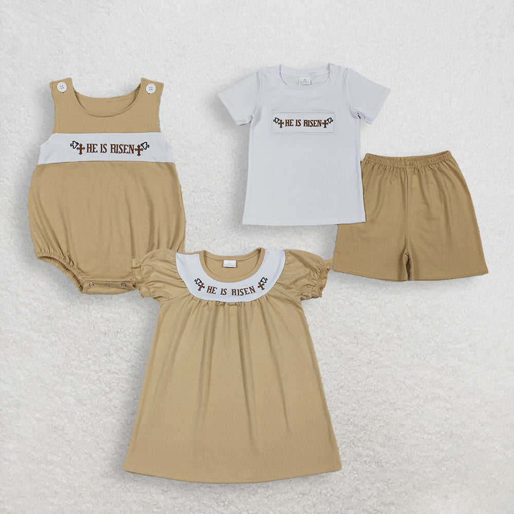 Sibling Baby Boys Girls Embroidery He is Risen Cross Easter Romper Dress Set Clothes RTS