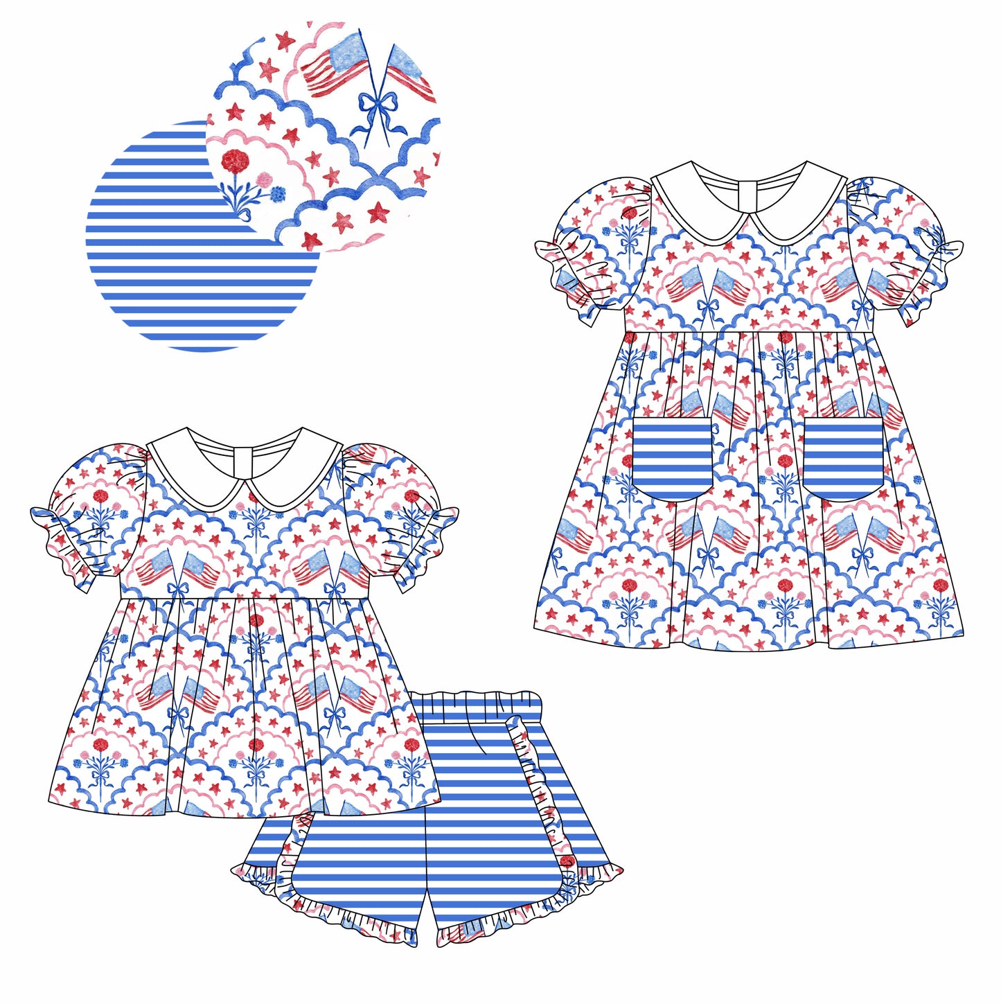 Baby Girl Short Sleeves July 4th Flag Flower Sibling Dress Clothes Set ( Moq 5 Each Design )11.25