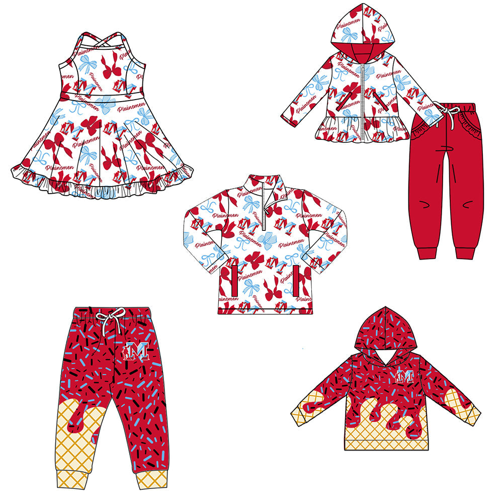 ( Moq 5 each style ) Baby Boy Girl Team Cheer Sibling Shirt Red Blue Bows Dress Set 8.13