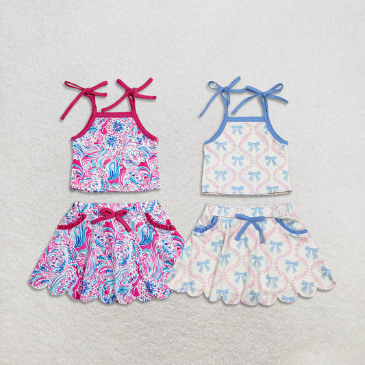 Sibling Baby Girls Kids Sleeveless Flower Bows Tops Pockets Skirts Shorts Sets Yoga Active Clothes RTS