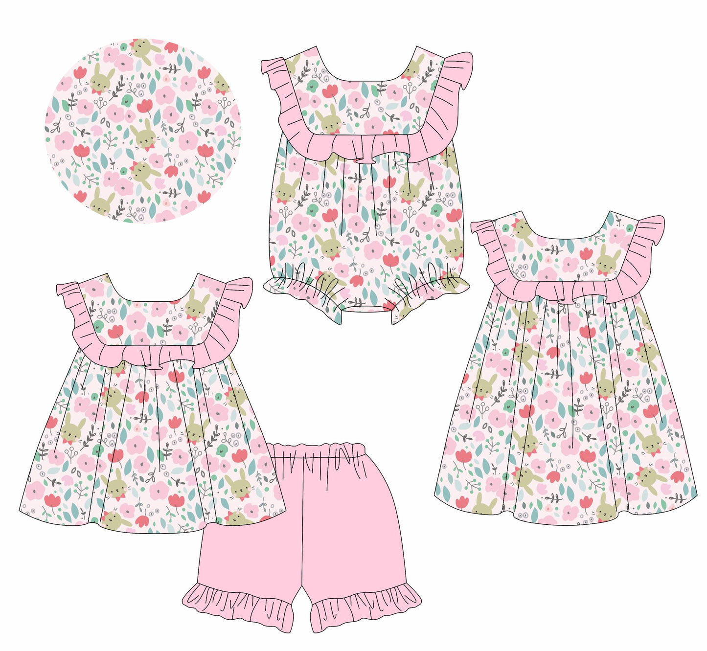 Baby Girl Kids Easter Rabbits Flower Sibling Romper Dress Set ( Moq 5 Each Style ) 1.11