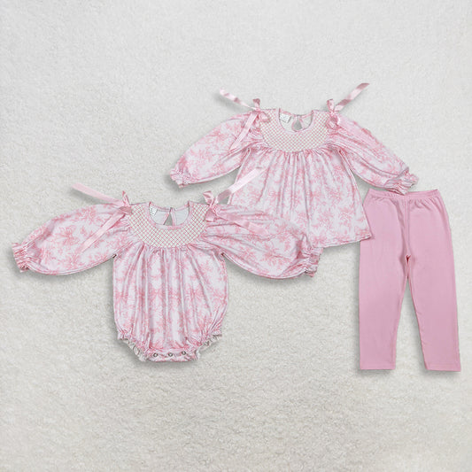 Sibling Baby Girls Kids Long Sleeves Embroidery Flower Pink Bows Romper Sets Clothes RTS