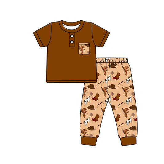 Baby Boy Short Sleeves Pocket Brown Shirt Pants Western Pajamas Set Moq 5