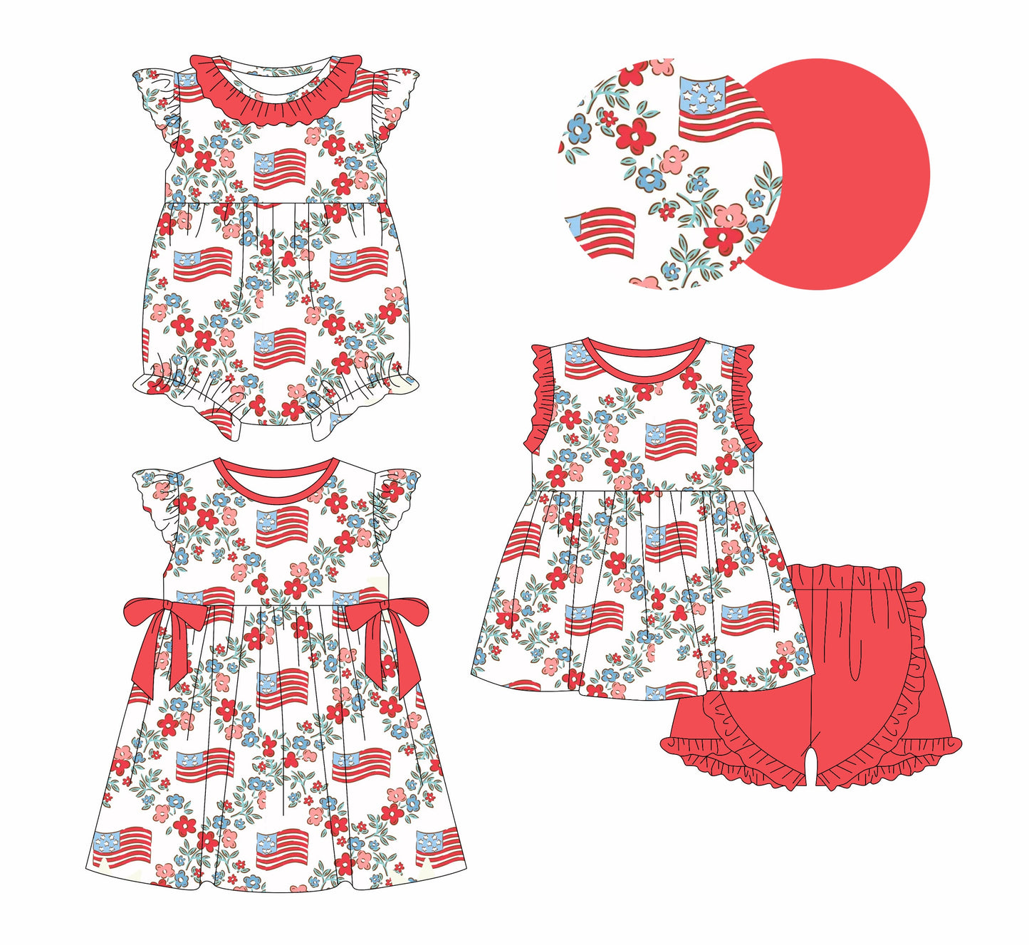 ( Moq 5 Each Style ) Baby Girl 4th Of July Flags Flower Sibling Romper Dress Set 3.27